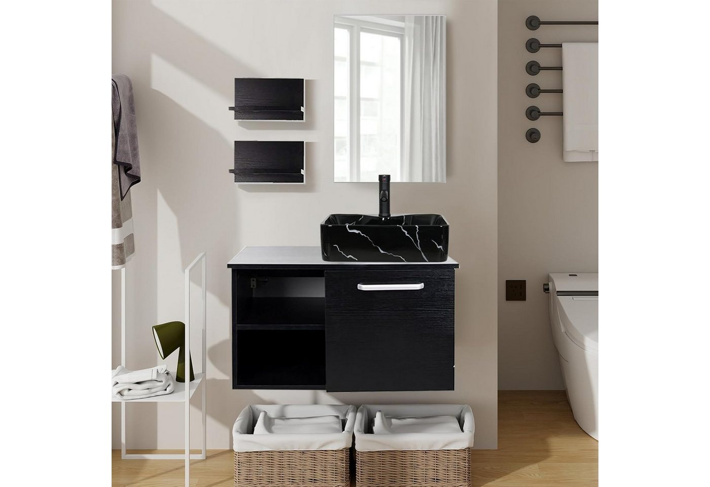 Puluomis Badezimmer-Set mit Spiegel, Badezimmerschrank mit 2 Regale ohne/mit Waschbecken Set Puluomis Badezimmer-Set mit Spiegel, Badezimmerschrank mit 2 Regale ohne/mit Waschbecken Set von Puluomis