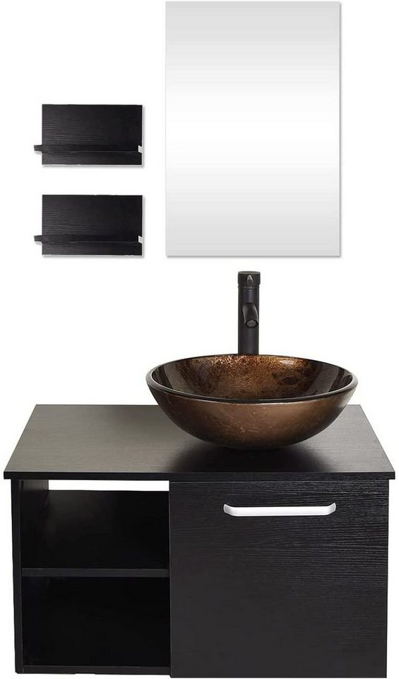 Puluomis Badmöbel-Set mit Spiegel, Badezimmerschrank mit 2 Regale ohne/mit Waschbecken Set, (Unterschrank, Badschrank aus MDF, Gäste WC Wasserhahn Ablaufgarnitur) von Puluomis