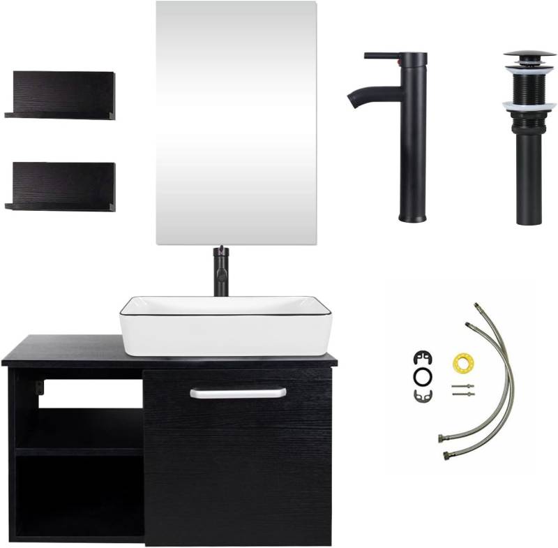 Puluomis Badmöbel-Set mit Spiegel, Badezimmerschrank mit 2 Regale ohne/mit Waschbecken Set, (Unterschrank, Badschrank aus MDF, Gäste WC Wasserhahn Ablaufgarnitur) von Puluomis