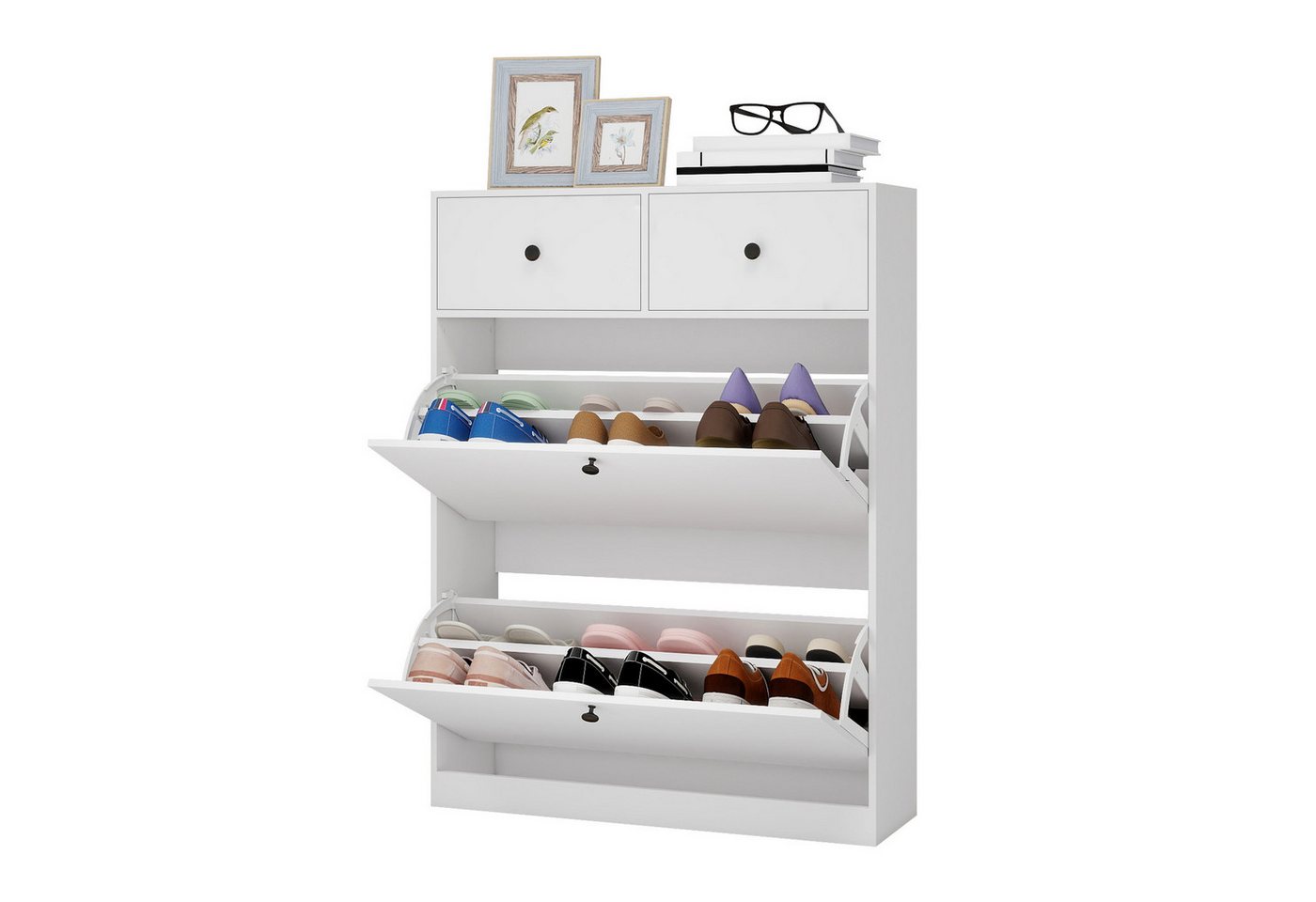 Puluomis Schuhschrank Schuhkipper mit 2 Schublade, 2 Klappen Schuhregal 24x80x106 cm (mit Kippschutz, weiß) von Puluomis