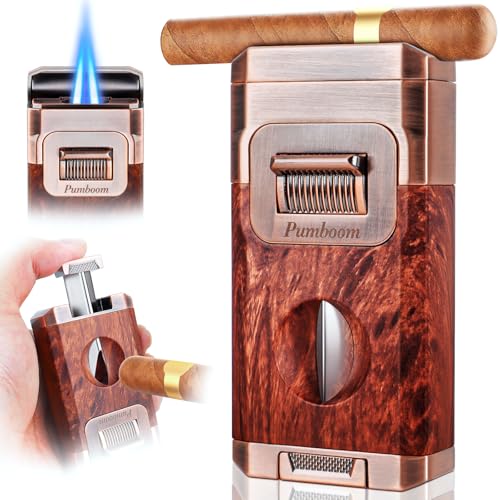 Zigarrenfeuerzeug mit Zigarrenschneider & Zigarrenhalter, Winddichtes Double Jet Flame Sturmfeuerzeug, Butane Feuerzeug mit Hochwertiger Geschenkbox für Männer, Zigarren Zubehör für Outdoor, Camping von Pumboom