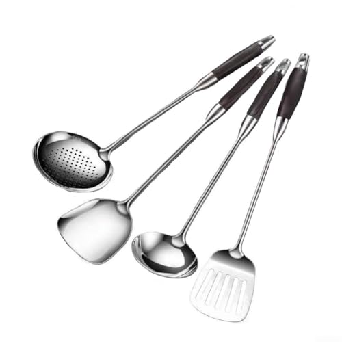 Küchenhelfer-Set mit Holzgriffen, hitzebeständig, inkl. Pfannenwender, Suppenkelle und Skimmer für antihaftbeschichtetes Kochgeschirr (schwarze Holzpfanne) von Pumixiy