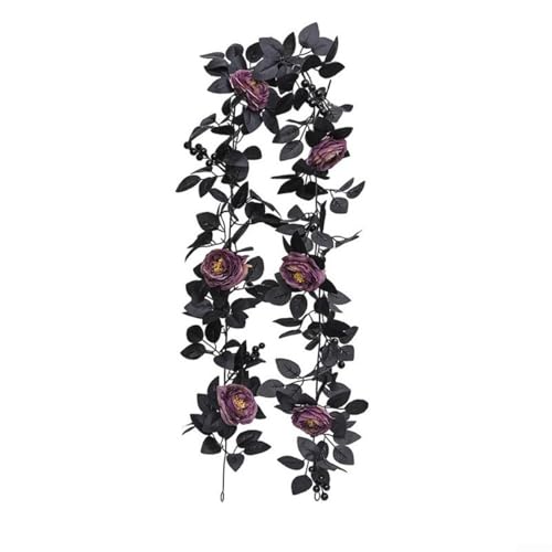 Pumixiy Schwarze Halloween-Girlande, 150 cm, künstliche Seidenrosen, zum Aufhängen, für Zuhause, Wand, Fenster, Kamin, Hochzeit, Party, Dekoration (C) von Pumixiy