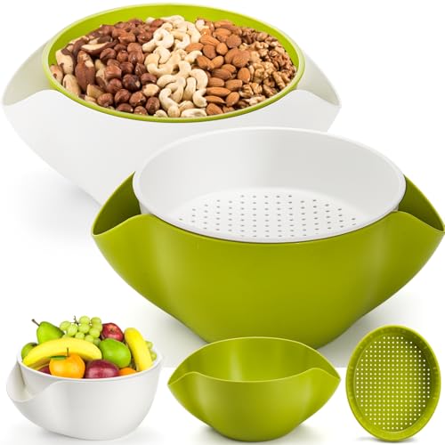 Pumtus Pistazien-Schalen, große Snack-Servierschalen, 25,4 cm, Doppelschale mit Schalenhalter, Kunststoff-Obst-Aufbewahrungsbehälter, Süßigkeitenschüssel für Popcorn, Erdnüsse, Kirschen, Grün und Weiß von Pumtus