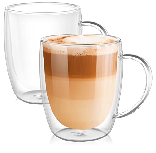 PunPun Klare Kaffeetassen 2Er-Set, Glas Für Kaffee, Doppelwandige Isolierglasbecher Mit Großem Griff, Klare Tassen Je 12,9 Unzen, 380 Ml … von PunPun