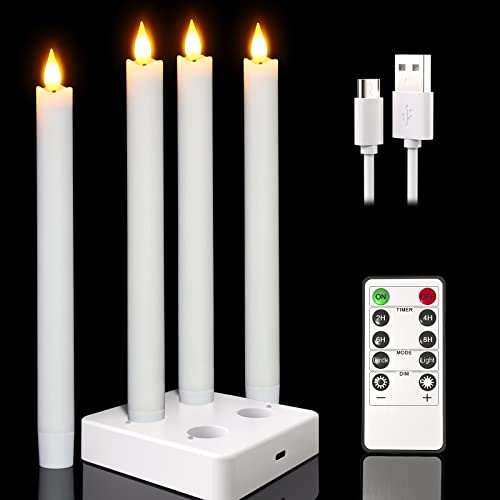 Punasi Echtwachs Wiederaufladbare LED Stabkerzen mit Fernbedienung Timer und Ladestation, 4er Elektrische LED Kerzen Aufladbar Flackernde Flamme für Zimmer Wohnzimmer Halloween Weihnachten Deko von Punasi