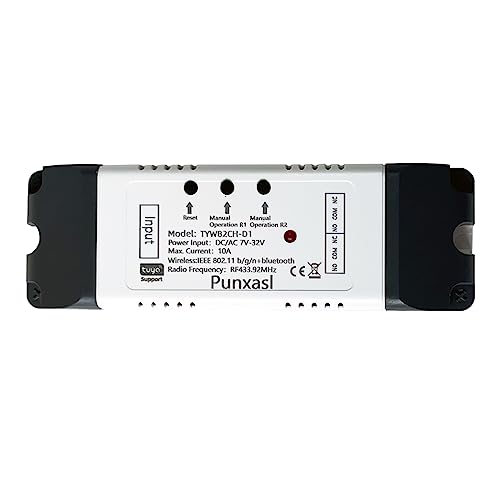 Punxasl 2 Kanal irelesssmart Schalter, Motorsteuerung, Trockenkontakt-Relaisschalter, RF433 MHz, Tuya USB 5 V DC/AC 7–32 V Wifi Relais Schalter Kompatibel mit Google Home und Alexa von Punxasl