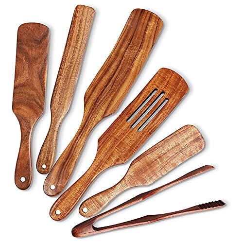 Puooifrty 6 Stück Holz Spurtle Set, Teak Spurtle Set Hitzebeständige Holz Spatel Utensilien Set Antihaft-Holzlöffel von Puooifrty