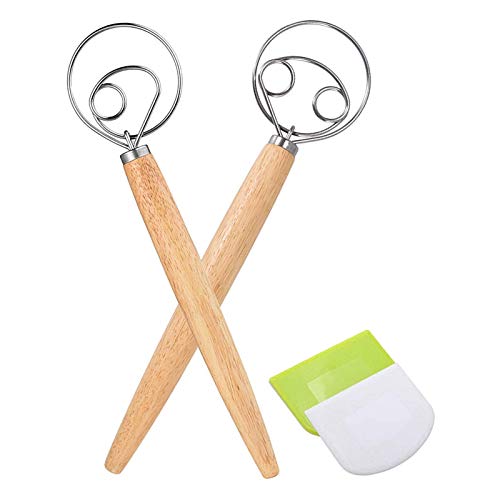 Puooifrty Dänischer Teigbesen Handmixer, 2 Stück Edelstahl Teigmixer mit 2 Teigschabern für Teig, Sauerteig, Brot usw von Puooifrty