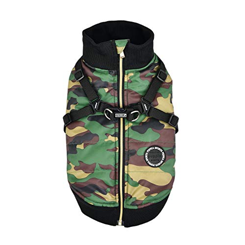 Puppia Hundejacke für kleine Hunde und mittelgroße Hunde - wasserdicht und mit Fleece gefüttert für angenehme Wärme - Hundemantel mit Geschirr, Camouflage, L von Puppia