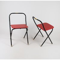 Vintage Reisestühle, Faltbare Stühle, Campingstuhl Aus Rotem Holz Metall, Industrielle Kleine Tragbare Platzsparende Stühle von PurNoli