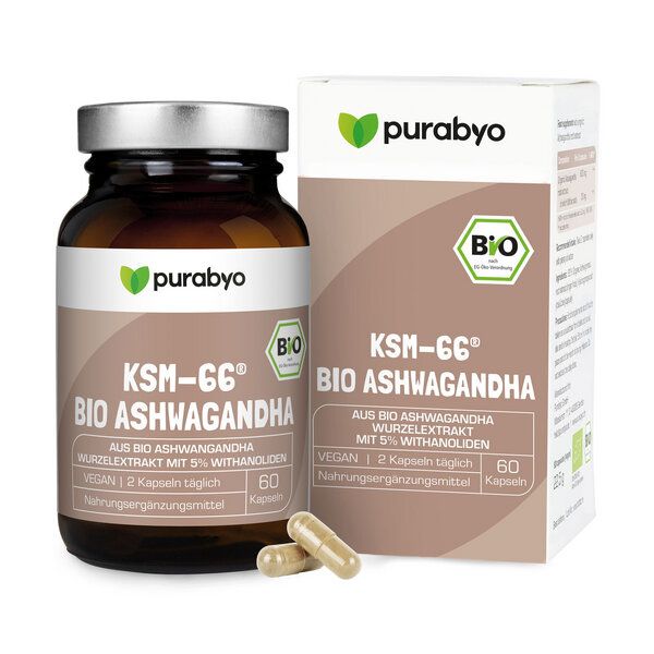 Purabyo Bio Ashwagandha KSM-66® aus Bio Ashwagandha Wurzelextrakt von Purabyo