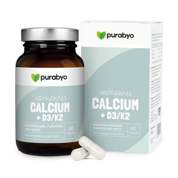 Purabyo Natürliches Calcium+D3/K2 - Calcium aus Rotalgen + mit Vitamin D3 und Vitamin K2 von Purabyo