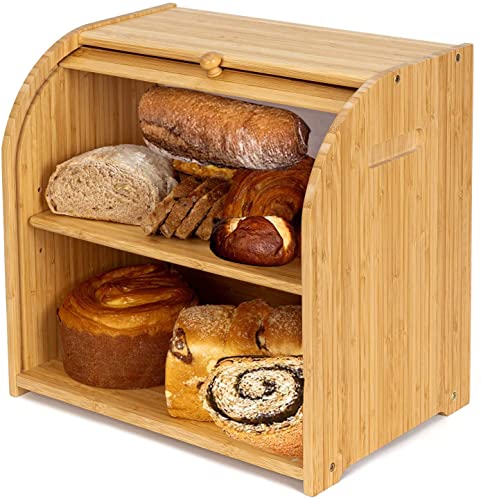 Purbambo Bambus-Brotbox für Küchentheke, Doppelschicht, Roll-Top, Brotbehälter, Lebensmittelaufbewahrungsbehälter mit verstellbarem Regal von Purbambo