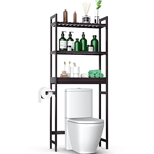Purbambo Bambusregal für das WC, 3-stöckig, Badezimmer-Organizer, Regal, platzsparend, mit Toilettenpapierhalter und 3 Haken, Espresso von Purbambo
