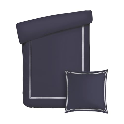 Pure Cotton 2-teiliges Einzelbett-Set – Bettbezug 135 x 200 cm und Kissenbezug 80 x 80 cm – 100% Baumwollsatin, Fadendichte 200, 120 g/m² – Oeko-TEX®-Zertifiziert – Silhouette - Weiß/Dunkelblau von Pure Cotton
