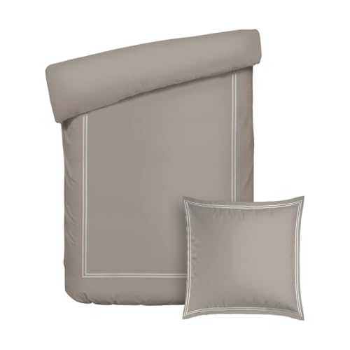 Pure Cotton 2-teiliges Einzelbett-Set – Bettbezug 135 x 200 cm und Kissenbezug 80 x 80 cm – 100% Baumwollsatin, Fadendichte 200, 120 g/m² – Oeko-TEX®-Zertifiziert – Silhouette - Weiß/Taupe von Pure Cotton