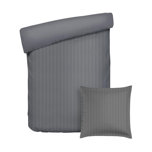 Pure Cotton 2-teiliges Einzelbett-Set – Bettbezug 135x200cm und Kissenbezug 80x80cm – 100% Baumwollsatin, Dobby-Streifen, Fadenzahl 200, 120 g/m² – Oeko-TEX®-Zertifiziert – Dobby - Dunkelgrau von Pure Cotton