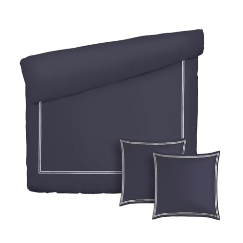 Pure Cotton 3-teiliges Doppelbett-Set – Bettbezug 240 x 220 cm und 2 Kissenbezüge 63 x 63 cm – 100% Baumwollsatin, Fadenzahl 200, 120 g/m² – Oeko-TEX®-Zertifiziert – Silhouette - Weiß/Dunkelblau von Pure Cotton