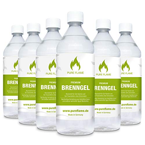 6 x 1L Brenngel für Gel Kamine & Gel Feuerstellen - Hergestellt aus Premium Bio-Ethanol 96,6% Vol. - 6 Liter in 1L Flaschen zum handlichen & sicheren Gebrauch - Made in Germany!!! von Pure Flame Premium Brenngel