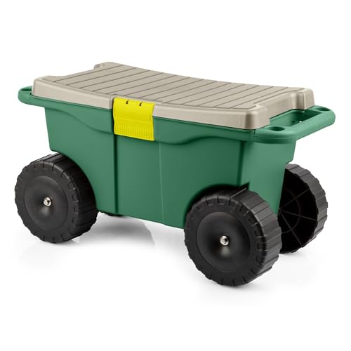 Pure Garden Rollbarer Gartenwagen mit Sitz, Kunststoff-Aufbewahrung mit Bank und Werkzeugablage im Inneren, Gartenhocker zum Jäten und Pflanzen (grün) von Pure Garden