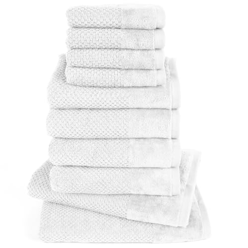 Pure Label 10-TLG. Handtücher Set aus 100% Baumwolle, saugstark und weich - 2X Badetuch (70x140 cm) 4X Handtuch (50x100cm) 2X Gästetuch (30x50 cm) 2X Waschlappen (16x21 cm), Weiß von Pure Label