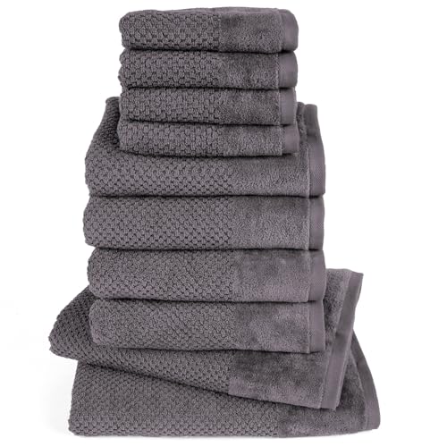 Pure Label 10-TLG. Handtücher Set mit Aufhängeschlaufen aus 100% Baumwolle, saugstark und weich - 2X Badetuch (70x140 cm) 4X Handtuch (50x100cm) 4X Gästetuch (30x50 cm), Anthrazit - Grau von Pure Label