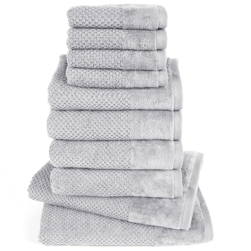 Pure Label 10-TLG. Handtücher Set mit Aufhängeschlaufen aus 100% Baumwolle, saugstark und weich - 2X Badetuch (70x140 cm) 4X Handtuch (50x100cm) 4X Gästetuch (30x50 cm), Hellgrau von Pure Label