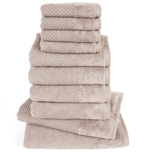 Pure Label 10-TLG. Handtücher Set mit Aufhängeschlaufen aus 100% Baumwolle, saugstark und weich - 2X Badetuch (70x140 cm) 4X Handtuch (50x100cm) 4X Gästetuch (30x50 cm), Stein - Taupe von Pure Label