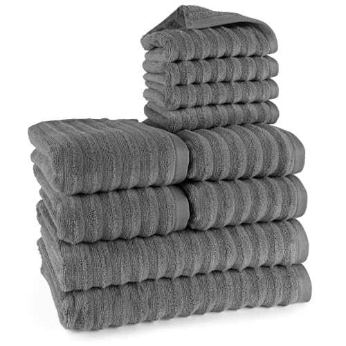 Pure Label 10-TLG. Handtücher Set mit Aufhängeschlaufen aus 100% Baumwolle, saugstark und weich - 2X Badetuch (70x140cm) 4X Handtuch (50x100cm) 4X Gästetuch (30x50cm), Anthrazit von Pure Label