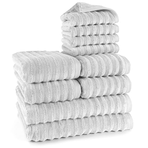 Pure Label 10-TLG. Handtücher Set mit Aufhängeschlaufen aus 100% Baumwolle, saugstark und weich - 2X Badetuch (70x140cm) 4X Handtuch (50x100cm) 4X Gästetuch (30x50cm), Hellgrau von Pure Label