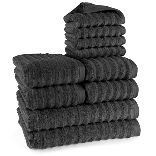 Pure Label 10-TLG. Handtücher Set mit Aufhängeschlaufen aus 100% Baumwolle, saugstark und weich - 2X Badetuch (70x140cm) 4X Handtuch (50x100cm) 4X Gästetuch (30x50cm), Schwarz von Pure Label