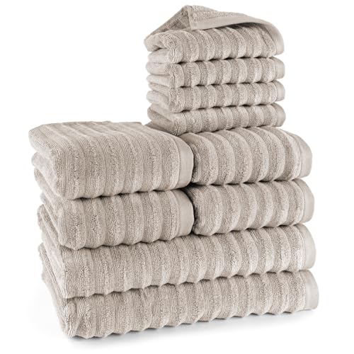 Pure Label 10-TLG. Handtücher Set mit Aufhängeschlaufen aus 100% Baumwolle, saugstark und weich - 2X Badetuch (70x140cm) 4X Handtuch (50x100cm) 4X Gästetuch (30x50cm), Taupe von Pure Label