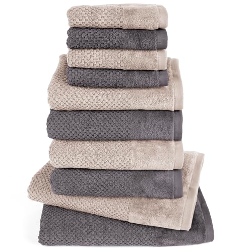Pure Label 10-TLG. Handtücher Set mit Aufhängeschlaufen aus Baumwolle, saugstark und weich - 2X Badetuch (70x140 cm) 4X Handtuch (50x100cm) 4X Gästetuch (30x50 cm), Anthrazit | Stein von Pure Label