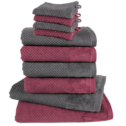 Pure Label 10-TLG. Handtücher Set mit Aufhängeschlaufen aus Baumwolle, saugstark und weich - 2X Badetuch (70x140 cm) 4X Handtuch (50x100cm) 4X Waschhandschuh (16x21 cm), Anthrazit | Beere von Pure Label