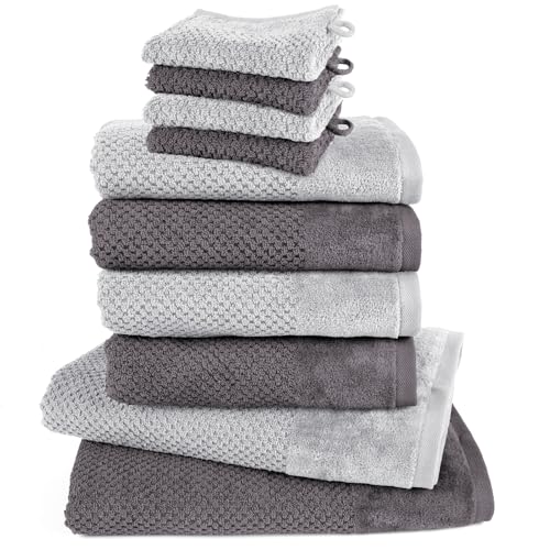 Pure Label 10-TLG. Handtücher Set mit Aufhängeschlaufen aus Baumwolle, saugstark und weich - 2X Badetuch (70x140 cm) 4X Handtuch (50x100cm) 4X Waschhandschuh (16x21 cm), Anthrazit | Grau von Pure Label