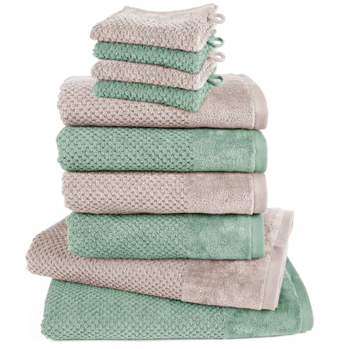 Pure Label 10-TLG. Handtücher Set mit Aufhängeschlaufen aus Baumwolle, saugstark und weich - 2X Badetuch (70x140 cm) 4X Handtuch (50x100cm) 4X Waschhandschuh (16x21 cm), Stein | Grün von Pure Label