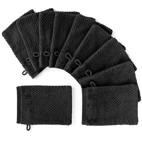 Pure Label 10-TLG. Waschhandschuh Waschlappen Set mit Anhängeschlaufe aus 100% Baumwolle, saugstark, weich und Oeko-TEX Zertifiziert - 10 Waschlappen aus Baumwolle 16x21cm, Schwarz Pure Label 10-TLG. Waschhandschuh Waschlappen Set mit Anhängeschlaufe aus 100% Baumwolle, saugstark, weich und Oeko-TEX Zertifiziert - 10 Waschlappen aus Baumwolle 16x21cm, Schwarz von Pure Label