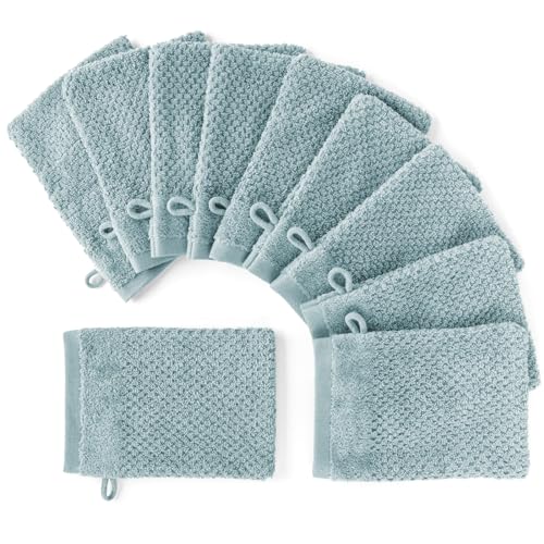 Pure Label 10-TLG. Waschhandschuh Waschlappen Set mit Anhängeschlaufe aus 100% Baumwolle, saugstark, weich und Oeko-TEX Zertifiziert - 10 Waschlappen aus Baumwolle 16x21cm, Türkis - Blau von Pure Label