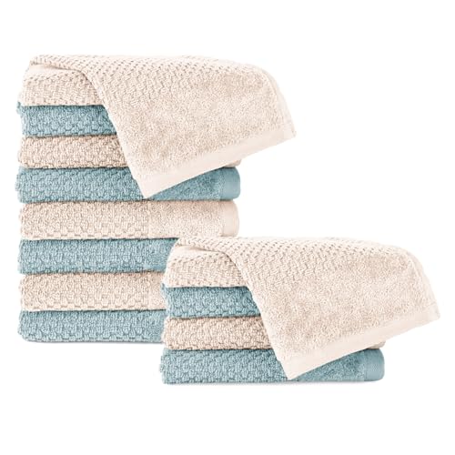 Pure Label 12-TLG. Gästehandtücher 30x50 cm mit Aufhängeschlaufe aus 100% Baumwolle, saugstark, weich und Oeko-TEX Zertifiziert - 12 Gästehandtücher Creme | Türkis, 30x50 cm von Pure Label