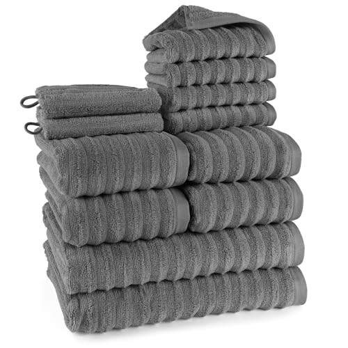 Pure Label 12-TLG. Handtücher Set aus 100% Baumwolle, saugstark und weich - 2X Badetuch (70x140cm) 4X Handtuch (50x100cm) 4X Gästetuch (30x50cm) 2X Waschlappen (16x21cm), Anthrazit von Pure Label