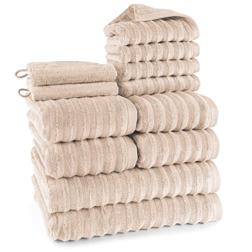 Pure Label 12-TLG. Handtücher Set aus 100% Baumwolle, saugstark und weich - 2X Badetuch (70x140cm) 4X Handtuch (50x100cm) 4X Gästetuch (30x50cm) 2X Waschlappen (16x21cm), Beige von Pure Label