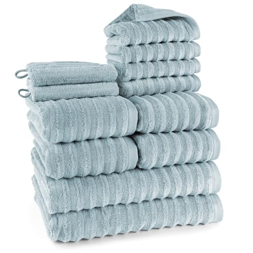Pure Label 12-TLG. Handtücher Set aus 100% Baumwolle, saugstark und weich - 2X Badetuch (70x140cm) 4X Handtuch (50x100cm) 4X Gästetuch (30x50cm) 2X Waschlappen (16x21cm), Blaugrau von Pure Label