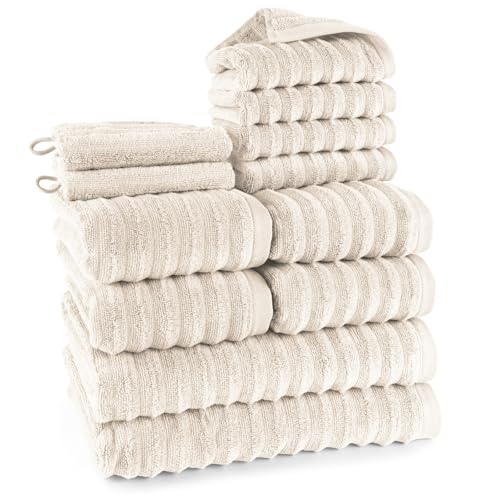 Pure Label 12-TLG. Handtücher Set aus 100% Baumwolle, saugstark und weich - 2X Badetuch (70x140cm) 4X Handtuch (50x100cm) 4X Gästetuch (30x50cm) 2X Waschlappen (16x21cm), Creme von Pure Label