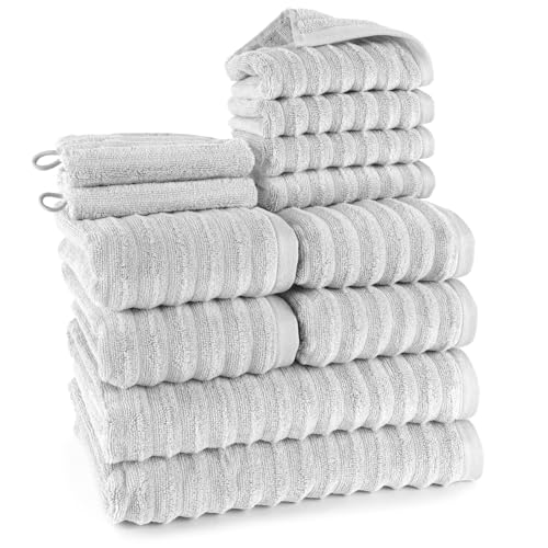 Pure Label 12-TLG. Handtücher Set aus 100% Baumwolle, saugstark und weich - 2X Badetuch (70x140cm) 4X Handtuch (50x100cm) 4X Gästetuch (30x50cm) 2X Waschlappen (16x21cm), Hellgrau von Pure Label