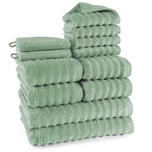 Pure Label 12-TLG. Handtücher Set aus 100% Baumwolle, saugstark und weich - 2X Badetuch (70x140cm) 4X Handtuch (50x100cm) 4X Gästetuch (30x50cm) 2X Waschlappen (16x21cm), Salbeigrün von Pure Label