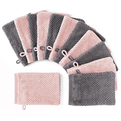 Pure Label 12-TLG. Waschhandschuh Waschlappen Set mit Anhängeschlaufe aus 100% Baumwolle, saugstark, weich und Oeko-TEX Zertifiziert - 12 Waschlappen aus Baumwolle 16x21cm, Anthrazit | Rosa von Pure Label