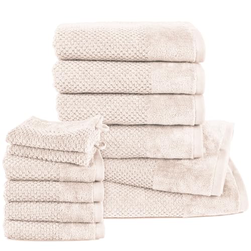 Pure Label 12.TLG. Handtücher Set aus 100% Baumwolle, saugstark und weich - 2X Badetuch (70x140 cm) 4X Handtuch (50x100cm) 4X Gästetuch (30x50 cm) 2X Waschlappen (16x21 cm), Creme von Pure Label