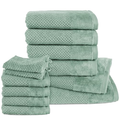 Pure Label 12.TLG. Handtücher Set aus 100% Baumwolle, saugstark und weich - 2X Badetuch (70x140 cm) 4X Handtuch (50x100cm) 4X Gästetuch (30x50 cm) 2X Waschlappen (16x21 cm), Grün von Pure Label