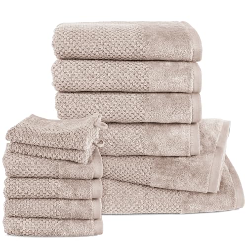 Pure Label 12.TLG. Handtücher Set aus 100% Baumwolle, saugstark und weich - 2X Badetuch (70x140 cm) 4X Handtuch (50x100cm) 4X Gästetuch (30x50 cm) 2X Waschlappen (16x21 cm), Stein - Taupe von Pure Label